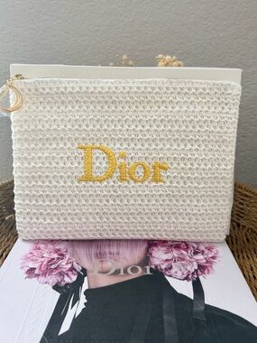 Dior Cream Woven Cosmetic Pouch with Yellow Embroidered Logo